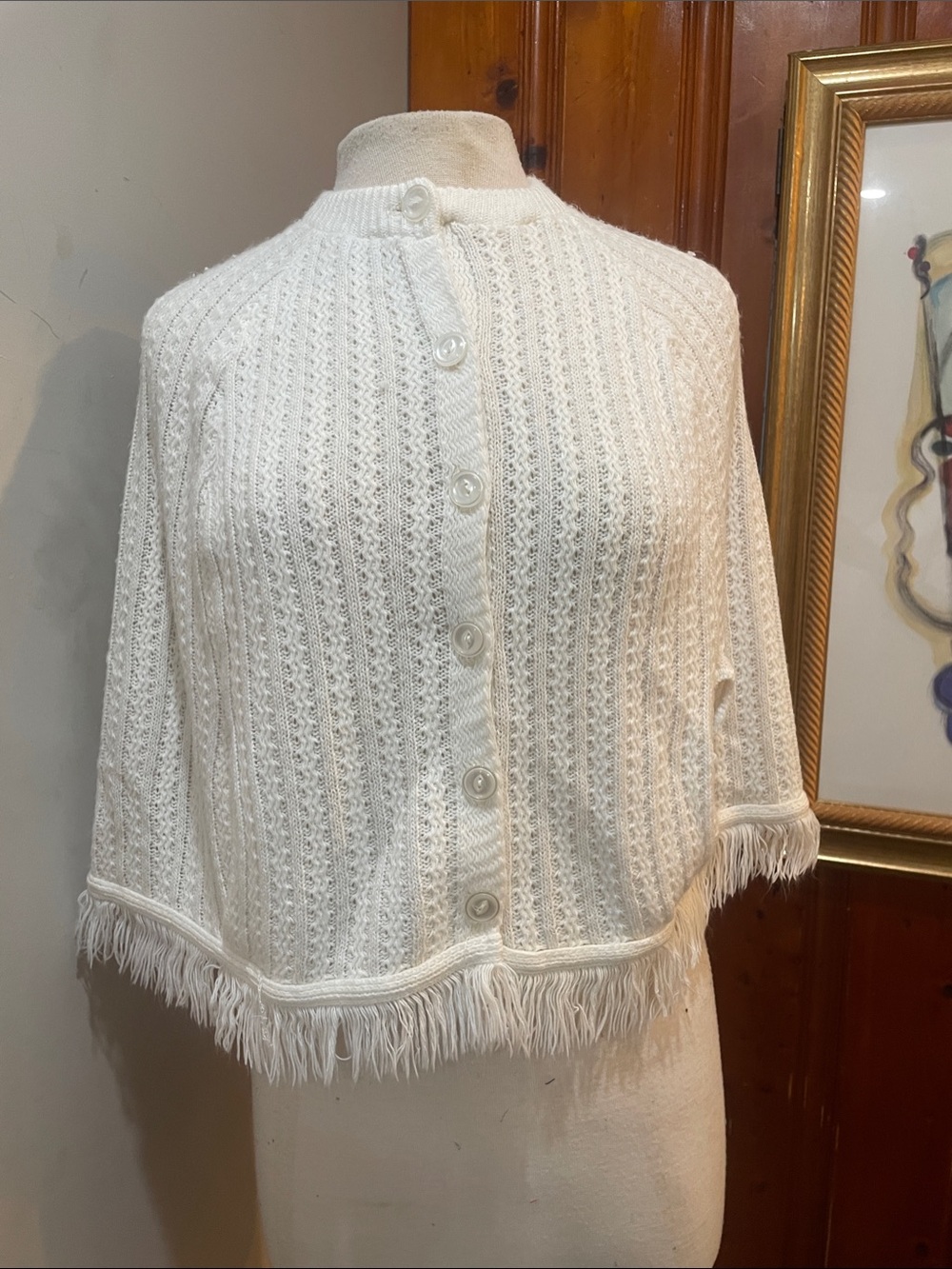 1970s Cream Button-Front Fringe Knit Women’s Sweater
